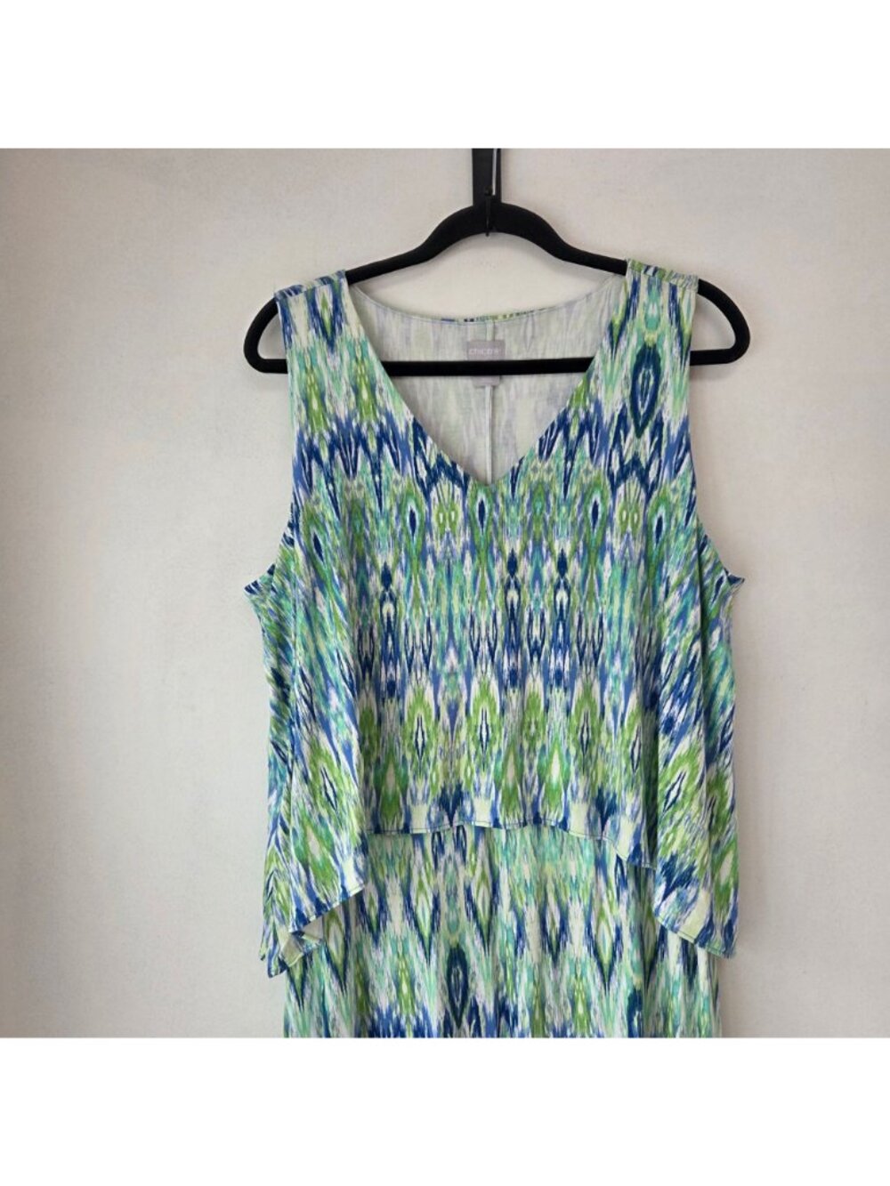 Chico's Maxi Dress Green Ikat Print Stretch Jersey Knit Women's 16/18 - Picture 3 of 10